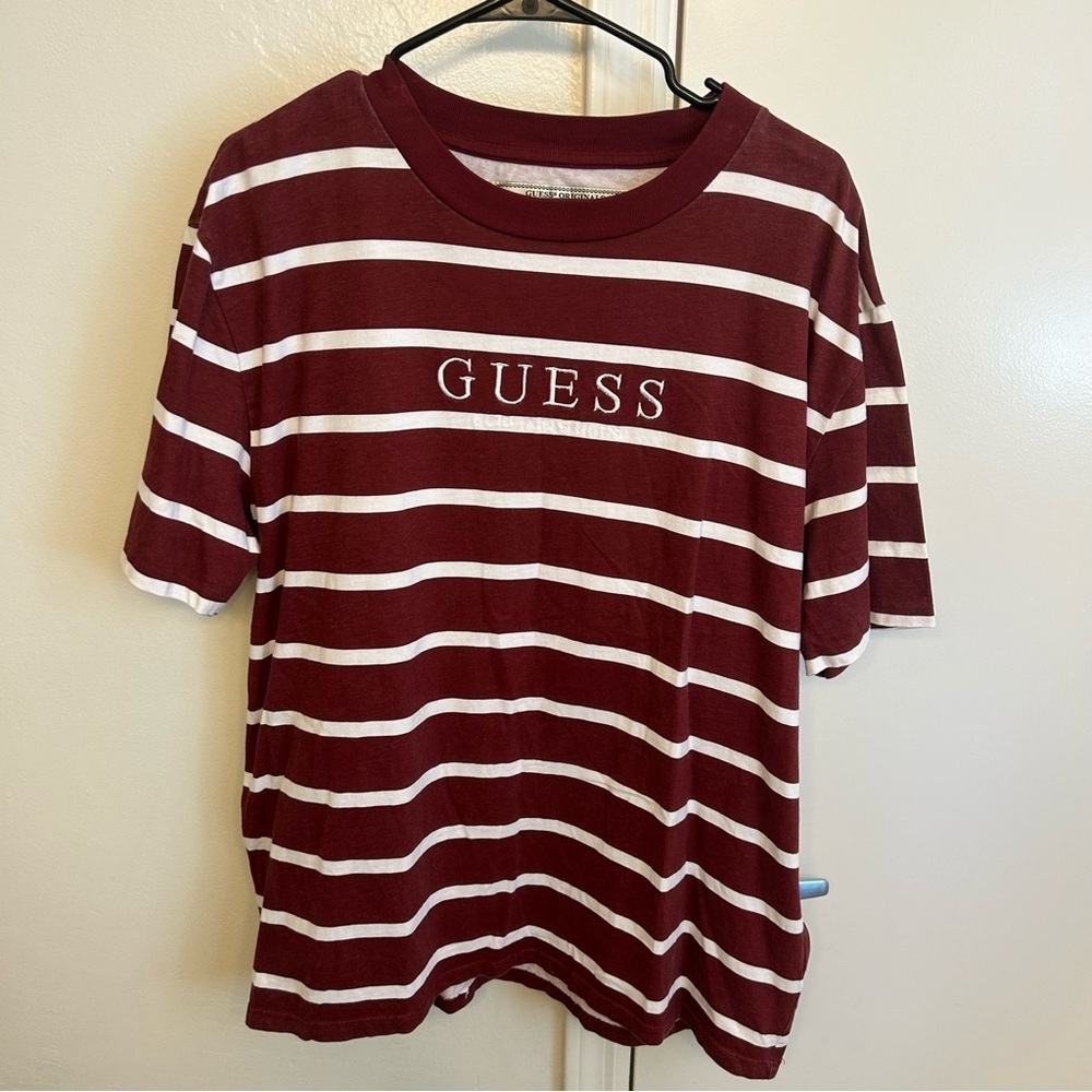 GUESS Doheny Stripe Crew T Shirt Size Large Tibetan Red Logo Tee Men’s